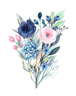 Flowers watercolor, floral clip art, botanic composition for wedding or greeting card