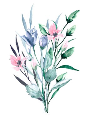 Suluboya resim, beyaz arka planda güzel bahar çiçekleri, çiçek konsepti