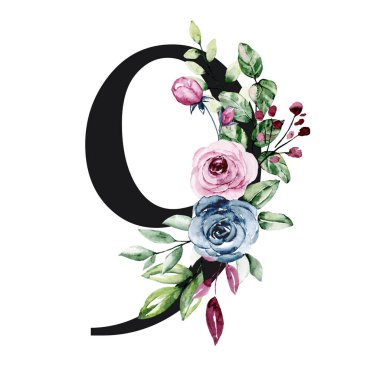 number 9 on white background, with flowers and leaves made with watercolor, floral monogram