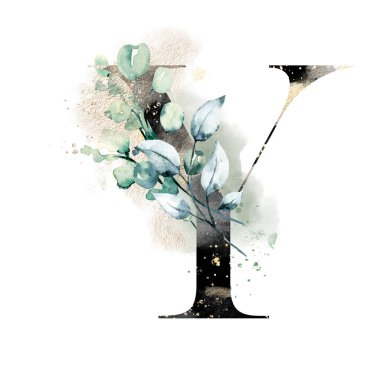 El çizimi suluboya resim, büyük harf Y ve çiçekli elementler