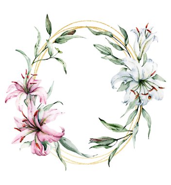 Beyaz arka planda izole zambaklar, suluboya resim