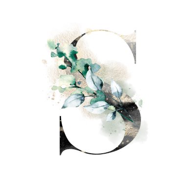 El çizimi suluboya resim, çiçekli S harfi.