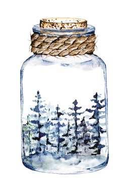 glass jar with snowy mountains and trees inside, watercolor drawing concept 