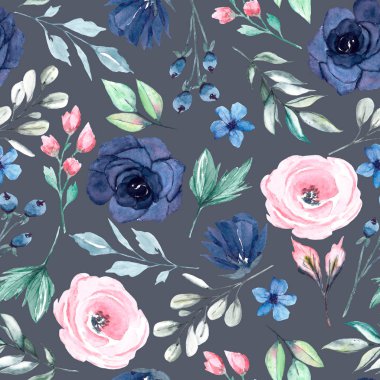 Kusursuz bir arka plan, suluboya çiçekli çiçek deseni. Kumaş duvar kağıdı desenini tekrarla