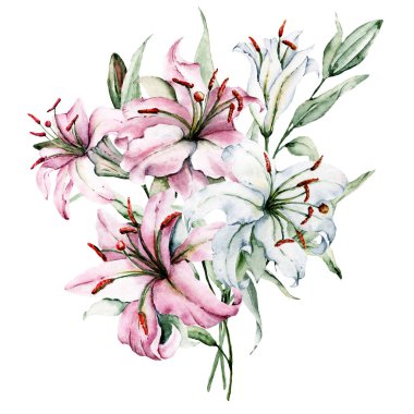 Beyaz arka planda izole zambaklar, suluboya resim