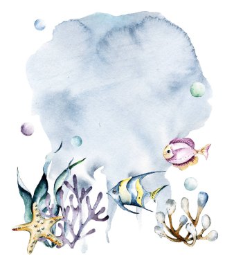 Balıklar ve mercanlarla suluboya arka plan, karikatür deniz konsepti