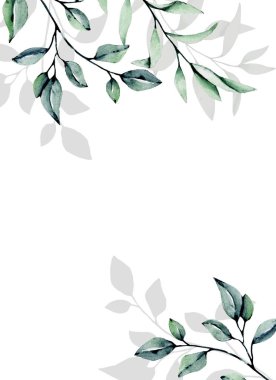 Beyaz arka planda suluboya yaprakları ve çiçekli tebrik kartı şablonu, çiçek çerçeveleri