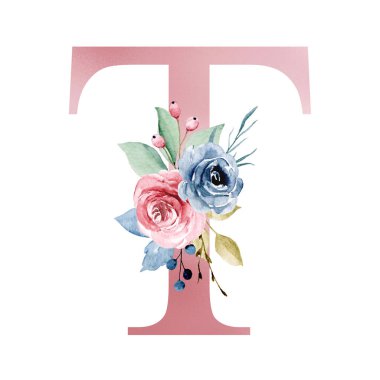 floral monogram, letter T watercolor painting with flowers and leaves