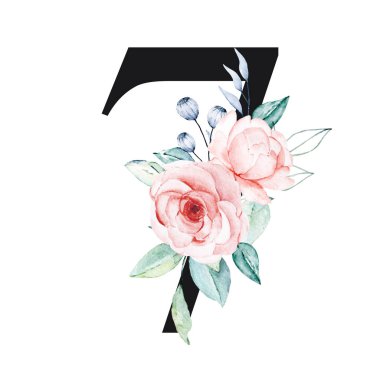 number 7 on white background, with flowers and leaves made with watercolor, floral monogram