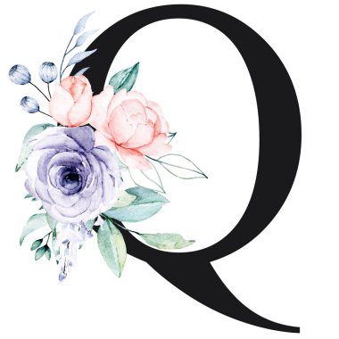 Çiçekli, suluboya çiçekli ve yapraklı Q harfi