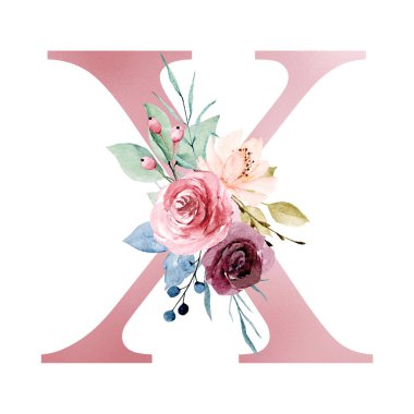floral monogram, letter X watercolor painting with flowers and leaves