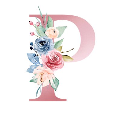 floral monogram, letter P watercolor painting with flowers and leaves