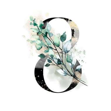 number 8 on white background, with flowers and leaves made with watercolor, floral monogram