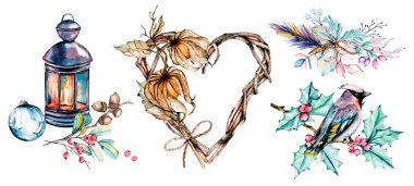 Watercolor flowers set. Frame hearts, lantern, birds for the design of greeting cards, posters, invitations, shows, banners, blogs. Hand drawing. Isolated on white.