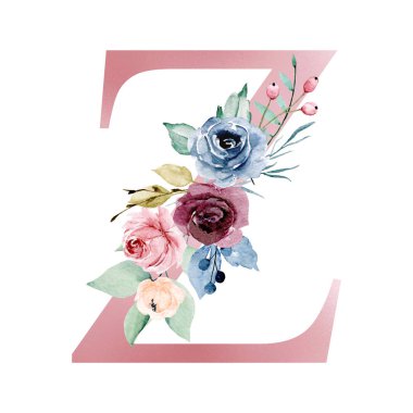 floral monogram, letter Z watercolor painting with flowers and leaves