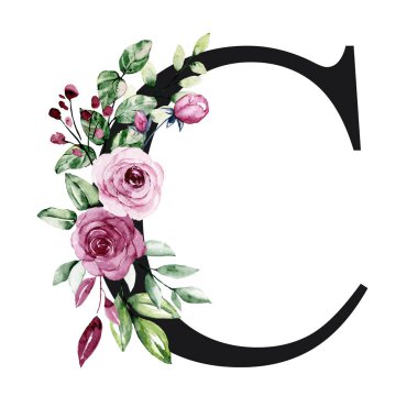 El çizimi suluboya resim, çiçekli büyük harf C