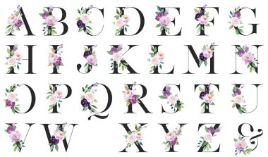 Floral alphabet, letters set with watercolor flowers and leaves