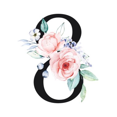 number 8 on white background, with flowers and leaves made with watercolor, floral monogram