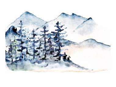 watercolor drawing concept with snowy mountains and trees 