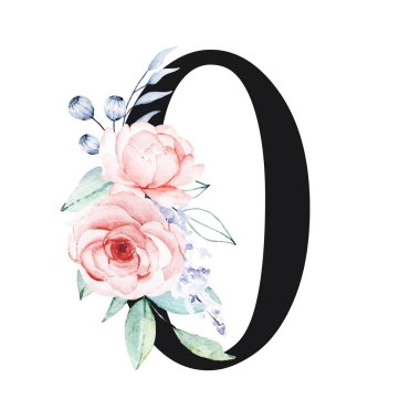 number 0 on white background, with flowers and leaves made with watercolor, floral monogram
