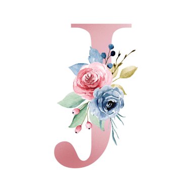 floral monogram, letter J watercolor painting with flowers and leaves