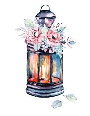 Fener, mum, şamdan, suluboya çiçekler, yapraklar. Tebrik kartı, davetiye, poster, çıkartma, afiş vesaire için tatil tasarımı. Beyazda izole edilmiş. El çizimi.