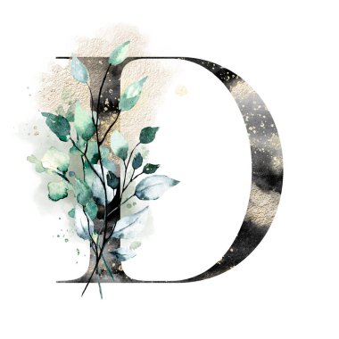 El çizimi suluboya resim, çiçekli büyük harf D