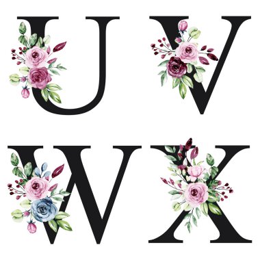 floral alphabet, letters U, V, W, X with watercolor flowers, creative art design, monogram initials