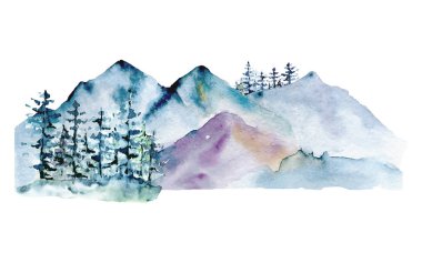 watercolor drawing concept with snowy mountains and trees 