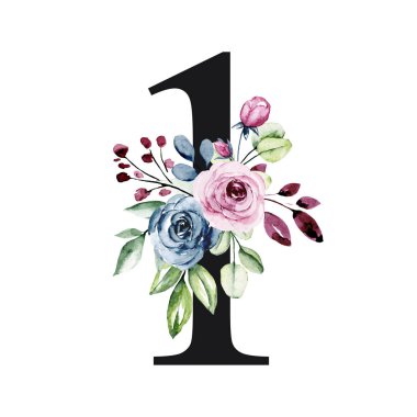number 1 on white background, with flowers and leaves made with watercolor, floral monogram