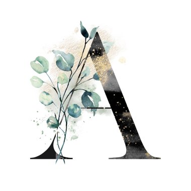 El çizimi suluboya resim, büyük harf A ve çiçek elementleri.