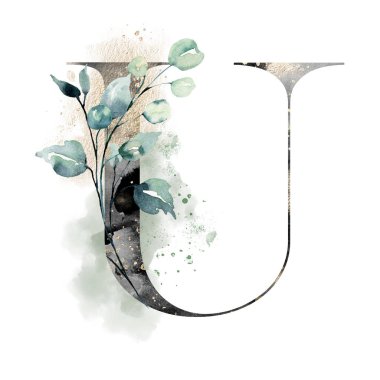 El çizimi suluboya resim, çiçekli büyük harf U