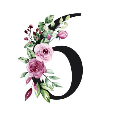 number 6 on white background, with flowers and leaves made with watercolor, floral monogram