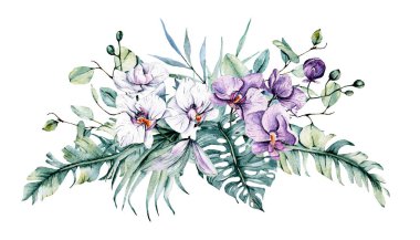 Yapraklı suluboya çiçekler, çiçek boyama konsepti.