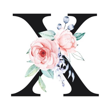 Sulu çiçekli ve yapraklı güzel X harfi.