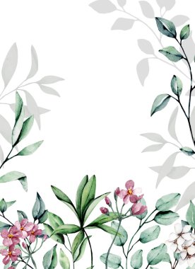 Floral frame border with flowers, watercolor art painting, greeting card template