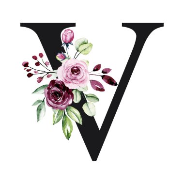 El çizimi suluboya resim, çiçekli büyük harf V