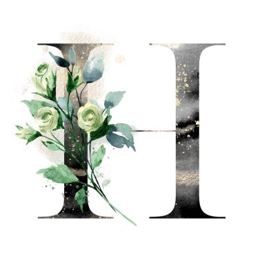 El çizimi suluboya resim, çiçekli büyük harf H