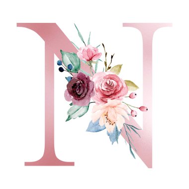floral monogram, letter N watercolor painting with flowers and leaves