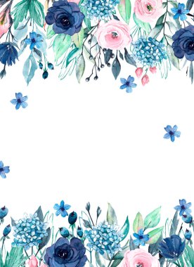 Floral frame border with flowers watercolor art painting, greeting card template