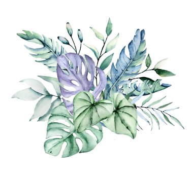 Suluboya yeşil bitkiler. Beyaz arkaplanda el boyaması çiçek tasarımı