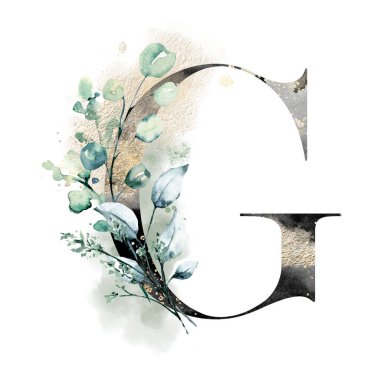 El çizimi suluboya resim, çiçekli G harfi.