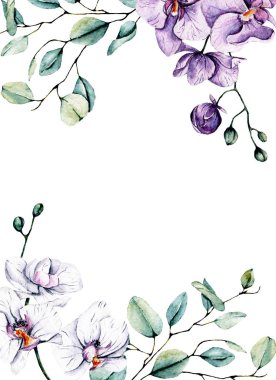 Çiçek çerçeveli suluboya çerçeve kenarı yazı için, elle boyanmış. Beyaz arkaplanda izole.