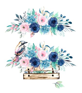 Çiçek çerçeveli suluboya çerçeve kenarı yazı için, elle boyanmış. Beyaz arkaplanda izole.