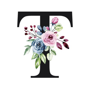 El çizimi suluboya resim, çiçekli büyük harf T