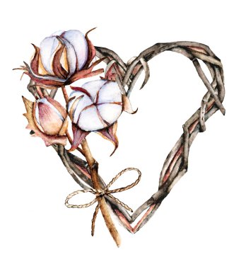 Watercolor frame heart with different floral elements on white background