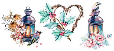 Watercolor flowers set. Frame hearts, lantern, birds for the design of greeting cards, posters, invitations, shows, banners, blogs. Hand drawing. Isolated on white.