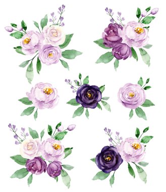 Floral collection with watercolor flowers, set of colorful bouquets