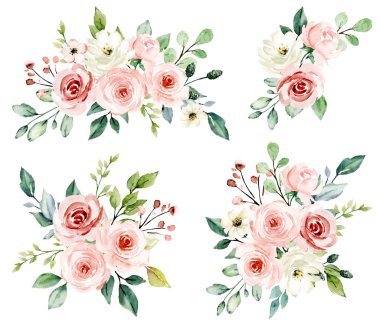 Floral collection with watercolor flowers, set of colorful bouquets