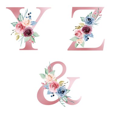 floral alphabet, letters Y, Z and ampersand symbol with watercolor flowers, creative art design, monogram initials
